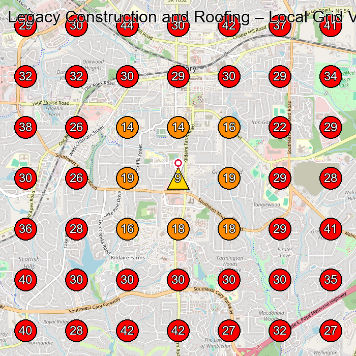 Legacy Construction and Roofing GeoGrid visibility map for Roofing Contractor in Cary
